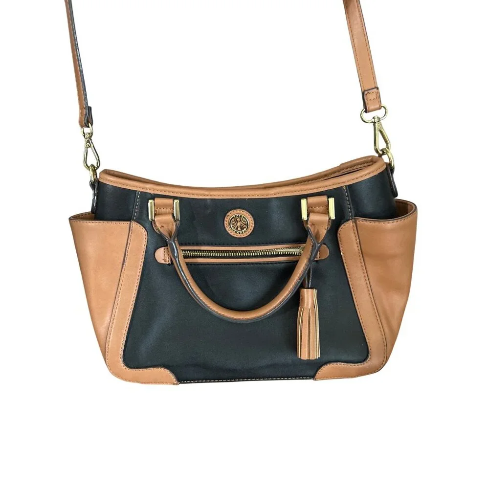 Kate Landry Black & Tan Satchel Handbag With Tassel Accent Crossbody Strap - Picture 2 of 11